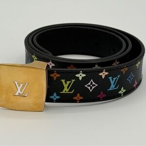 Louis Vuitton Black Belt with Multicolor Monogram and Gold Buckle